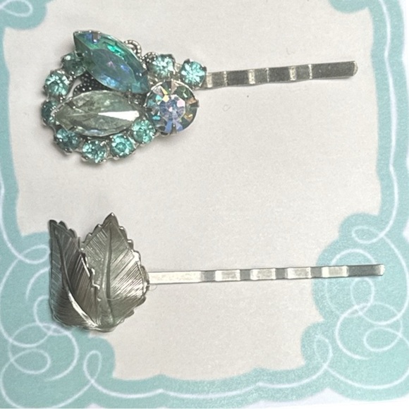 Handmade Blue and Silver Hair Pin Set Vintage Jewelry Repurposed - Picture 4 of 4